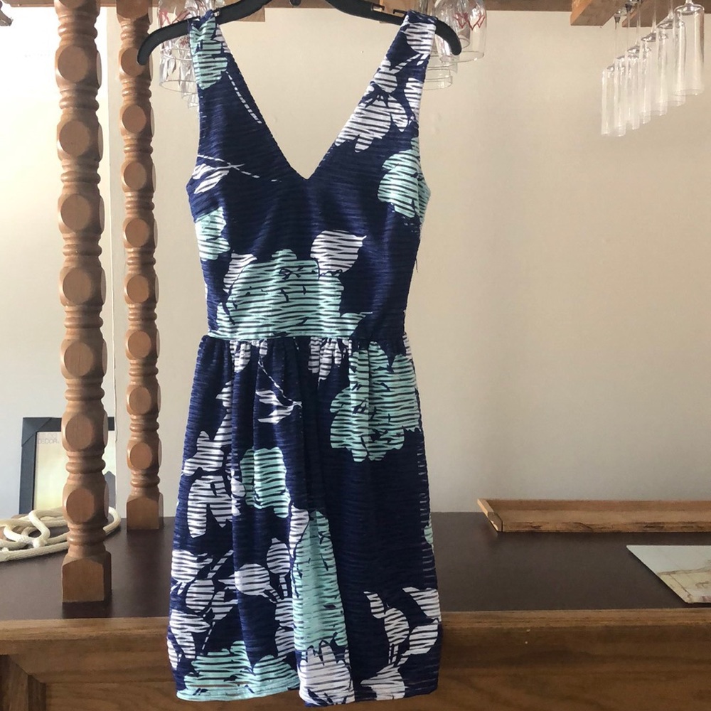 Navy blue, white, and mint green floral sundress